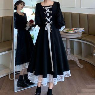 Puff-sleeve Lace-up Back Midi A-line Dress