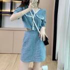 Set: Short-sleeve Plaid Blouse + Mini Pencil Skirt