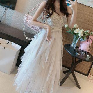 Mesh Panel Crochet Knit Spaghetti Strap Midi A-line Dress