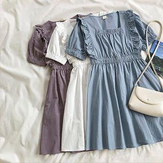 Plain Square-neck Ruffled-trim Short-sleeve Dress