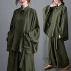 Set: Chiffon Blouse + Wide Leg Pans Dark Green - One Size