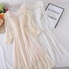 Square-neck Long-sleeve Lace Faux Pearl Dress