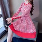 Long-sleeve Patterned A-line Mini Knit Dress Red - One Size