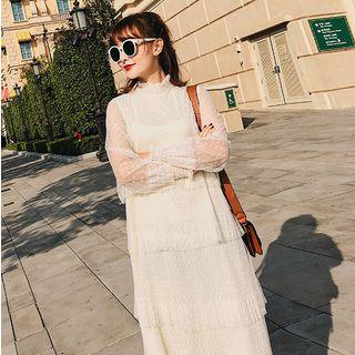 Mock Neck Layered Mesh Midi Dress