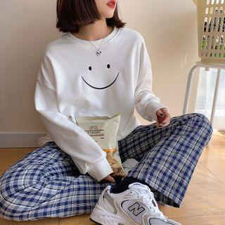 Smiley Face Embroidered Pullover White - One Size