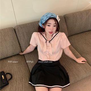 Bow Pleated Blouse / High-waist Pleated Mini Skirt