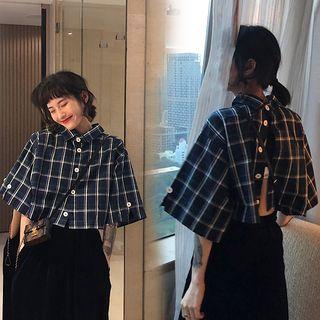 Two-way Elbow-sleeve Plaid Shirt Blue - One Size