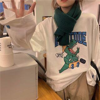 Long-sleeve Cartoon Print T-shirt Off-white - One Size