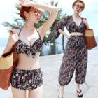 Set: Floral Print Bikini + Crop Top + Harem Pants