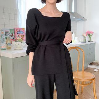 Square-neck Knit Top With Sash