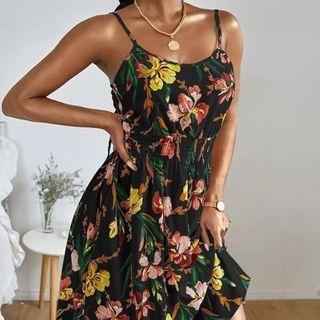 Spaghetti-strap Floral Ruched Mini A-line Dress