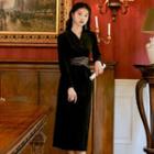 Velvet Long-sleeve Tie-waist Midi Sheath Dress