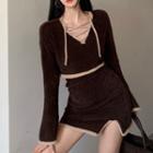 Set : V-neck Sweater + Pencil Skirt Set Of 2 - Sweater & Skirt - Coffee - One Size