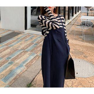 Long-sleeve Striped T-shirt / Midi Overall Dress