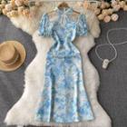 Puff-sleeve Stand-collar Cutout Floral Dress