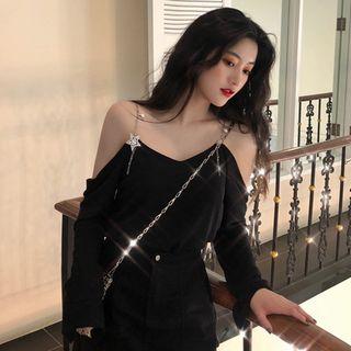 Off-shoulder Chain Strap Star Accent Dress Black - One Size