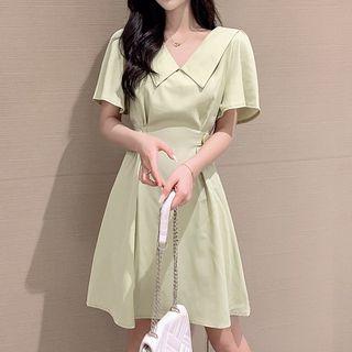Elbow-sleeve Plain V-neck Collar Mini Dress
