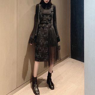 Set: Turtleneck Sweater + Plaid Mesh Panel Midi Overall Dress