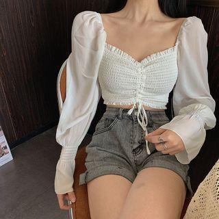 Ruffle Trim Long-sleeve Drawstring Cropped Blouse