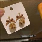 Bow Pom Pom Drop Earring 1 Pair - Silver Needle - Khaki - One Size