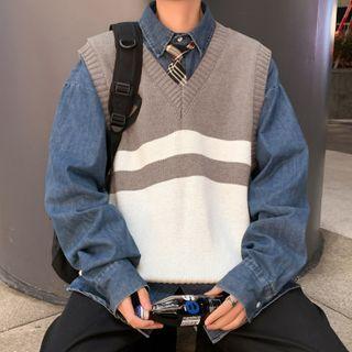 Long-sleeve Plain T-shirt / Long-sleeve Plain Shirt / V-neck Color Block Knit Vest