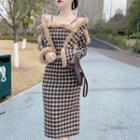Set: Houndstooth Jacket + Spaghetti Strap Sheath Dress