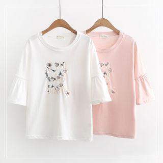 Bell Elbow-sleeve Embroidered Flower T-shirt