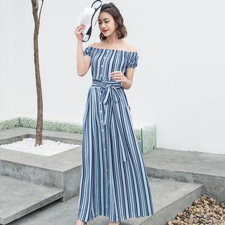 Off Shoulder Short-sleeve Maxi Chiffon Dress
