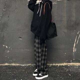 Plain Hoodie / Plaid Wide-leg Pants