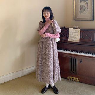 Turtleneck Long-sleeve T-shirt / Flower Print Short-sleeve Midi A-line Dress