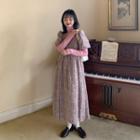 Turtleneck Long-sleeve T-shirt / Flower Print Short-sleeve Midi A-line Dress