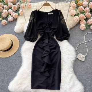 Mesh Dots Puff-sleeve Ruffle Dress