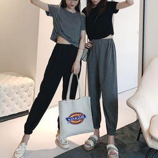 Set: Short-sleeve Wrap T-shirt + Cropped Harem Pants