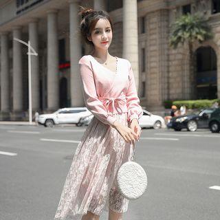 Set: Tie Neck Knit Top + Lace Midi Skirt