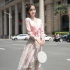 Set: Tie Neck Knit Top + Lace Midi Skirt