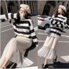 Set: Striped Sweater + Sheer Panel Midi Skirt Set - Sweater - Stripe - Black & White - One Size / Midi Skirt - White - One Size