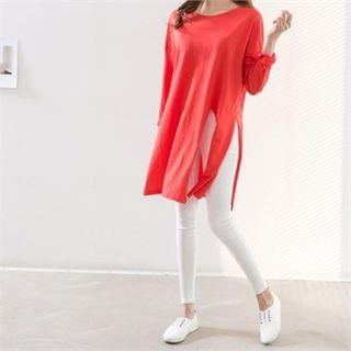 Long-sleeve Drop-shoulder Slit-detail T-shirt