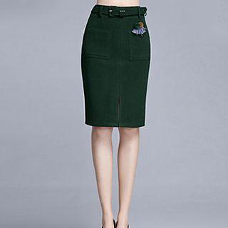 Slit Front Pencil Skirt With Belt