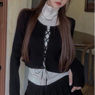 Set: Mock-turtleneck Tank Top +off-shoulder Lace-up Sweater Set Of 2 - Silver & Black - One Size