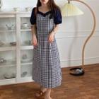 Puff-sleeve Gingham Maxi A-line Dress Navy Blue - One Size