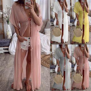 Elbow-sleeve Tie-front Long Light Jacket