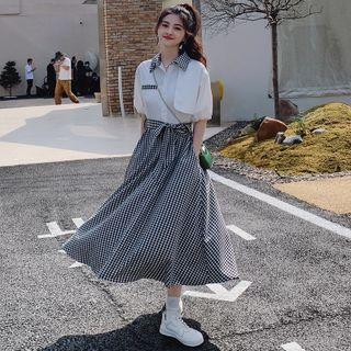 Puff-sleeve Gingham Panel Midi A-line Shirtdress
