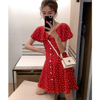 Short-sleeve Heart Patterned Ruffled Chiffon A-line Mini Dress