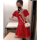 Short-sleeve Heart Patterned Ruffled Chiffon A-line Mini Dress