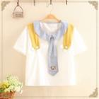 Collared Short-sleeve Top With Tie White - One Size