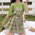 Elbow-sleeve Mock Two-piece Mini A-line Dress Green - One Size