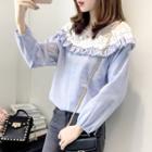 Long-sleeve Mesh Panel Flower Accent Striped Top