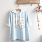 Mock Two-piece Short-sleeve Cartoon Printed Hoodie Light Blue - One Size
