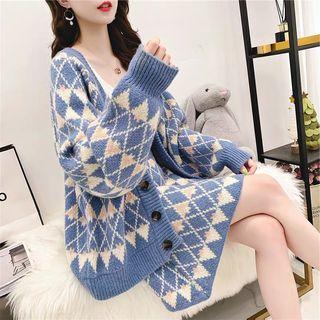 Set: Printed Cardigan + High-waist Knit A-line Skirt