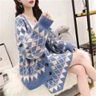 Set: Printed Cardigan + High-waist Knit A-line Skirt